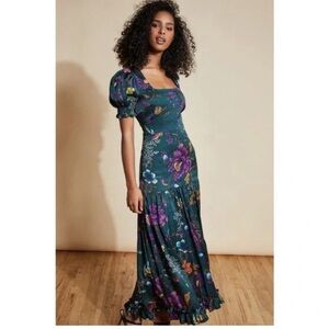 Anthropologie Hutch Edie Satin Maxi Dress w/ Puff Sleeves 10